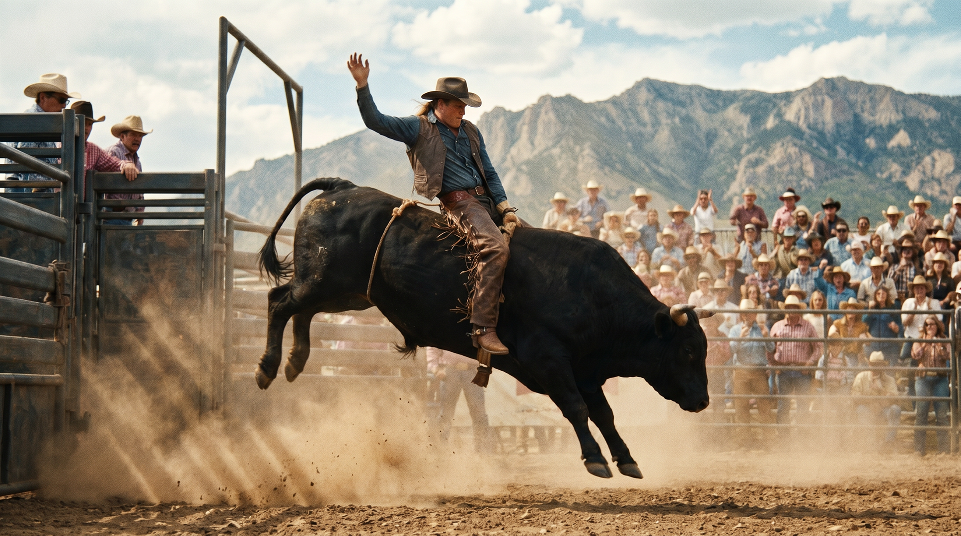 Bull rider mid-air at a rodeo